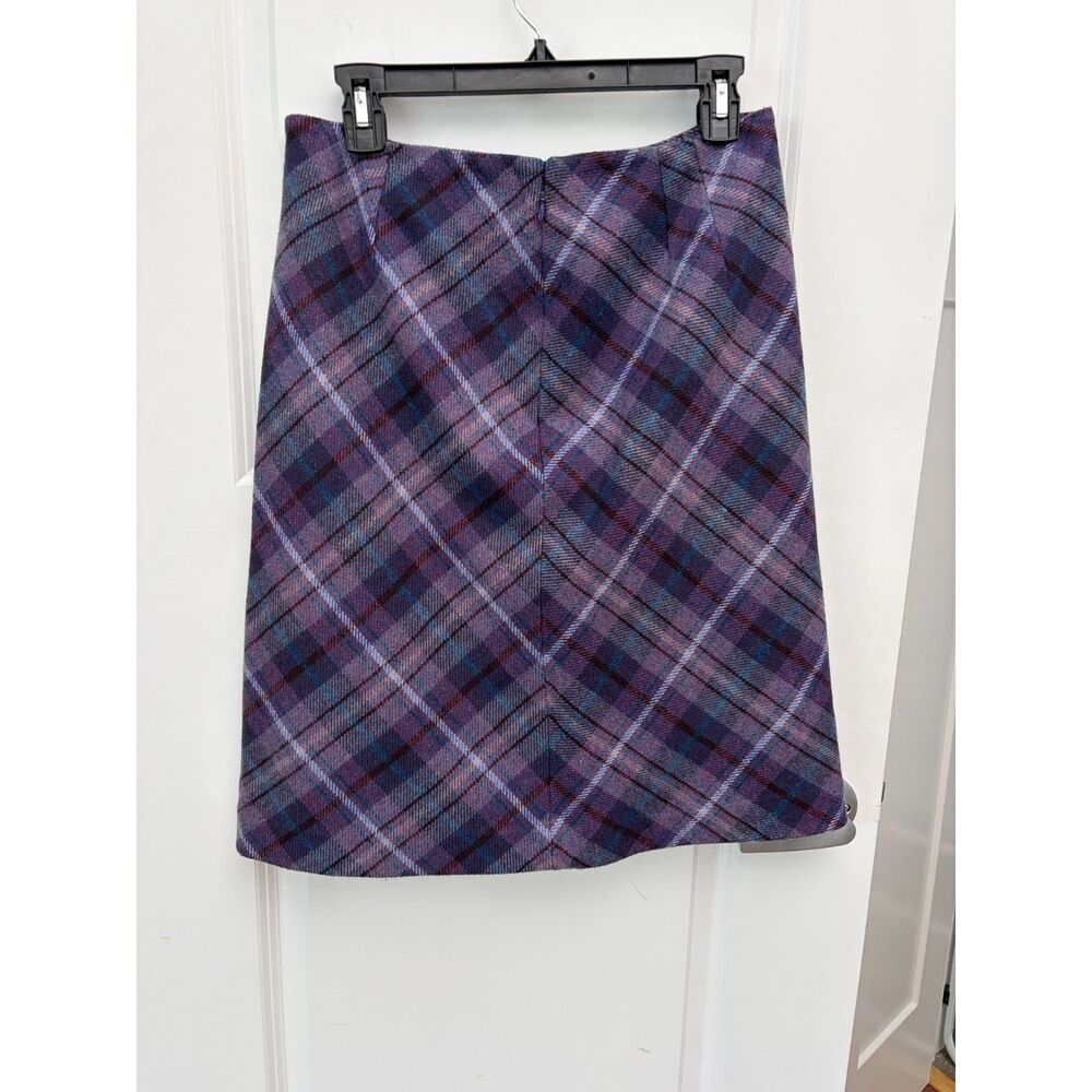 Harris Wallace Plaid Wool Blend Mini Skirt Size 10 Purple Blue Chevron Bias Cut